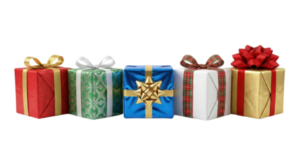 Festive Gifts Arrayed: A colorful array of exquisitely wrapped presents, each adorned with elegant ribbons and bows, signifies the joy and generosity of a celebration.