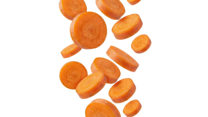 Carrot Slices: Dynamic view of sliced carrots mid-air, a visual celebration of freshness and the natural allure of healthy eating.
