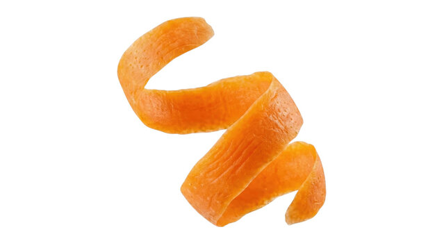 Carrot Peel's Artistic Swirl: A beautifully curved, orange carrot peel elegantly floats, showcasing a simple yet captivating composition of culinary creativity and freshness.