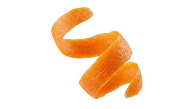 Carrot Peel's Artistic Swirl: A beautifully curved, orange carrot peel elegantly floats, showcasing a simple yet captivating composition of culinary creativity and freshness.