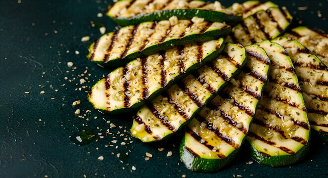 Savory grilled zucchini slices glistening with olive oil and herbs, perfectly seasoned for a delicious summer side dish or appetizer that will tantalize your taste buds and elevate any meal.