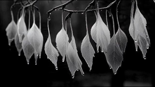 Graceful leaves suspended on a twig, covered in fresh raindrops, captured in a dramatic monochrome artistic photo