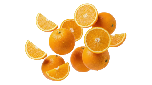 Zesty Citrus Arrangement: An appetizing collection of vibrant oranges, some whole and others artfully sliced, creating a colorful and inviting display.