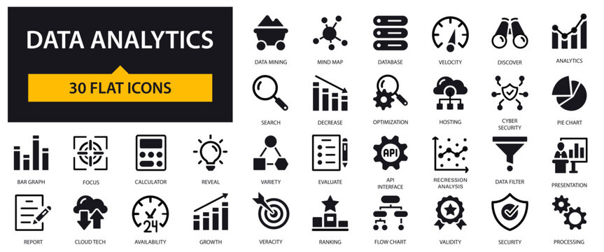 Data analytics icons set. Data Mining, Database, Optimization, Reports, Dashboards and others.