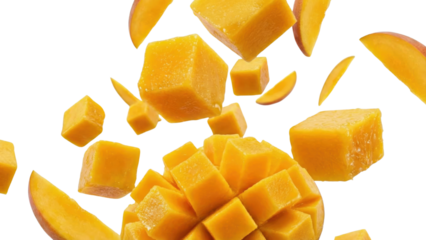 Mango Magic: A vibrant display of diced mangoes and succulent slices float in mid-air, a visual feast of the tropics, inviting freshness and deliciousness.