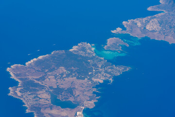 View from plane of coast and Mediterranean islands 