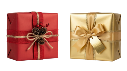 Gifts Wrapped with Festive Elegance: Two beautifully wrapped presents, one radiant in gold and the other a striking red, adorned with elegant ribbons and charming embellishments.
