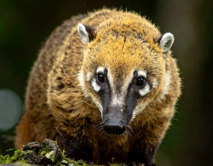 Close portrait of coati; tan & brown fur. Eyes look at viewer, against dark green foliage