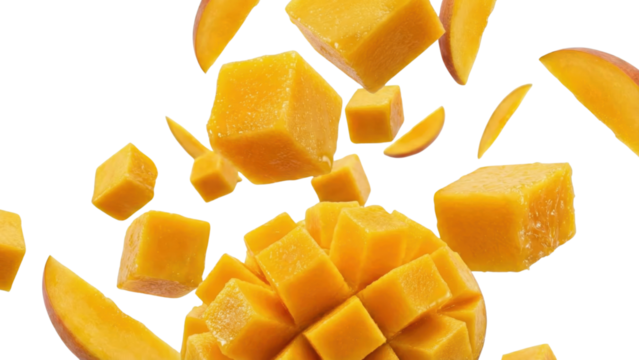 Mango Magic: A vibrant display of diced mangoes and succulent slices float in mid-air, a visual feast of the tropics, inviting freshness and deliciousness.