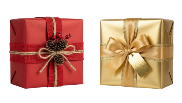 Gifts Wrapped with Festive Elegance: Two beautifully wrapped presents, one radiant in gold and the other a striking red, adorned with elegant ribbons and charming embellishments. - Powered by Adobe