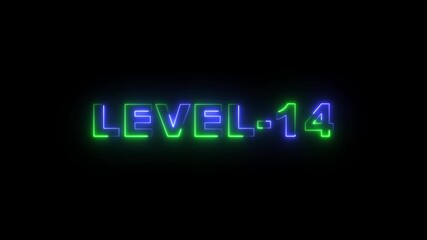 Level -14 blue and green neon bright text font colorful motion animation. Ideal for futuristic game intros animation. Neon level 14 up sing on black background. - Powered by Adobe