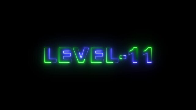 Level -11 blue and green neon bright text font colorful motion animation. Ideal for futuristic game intros animation. Neon level 11 up sing on black background. - Powered by Adobe