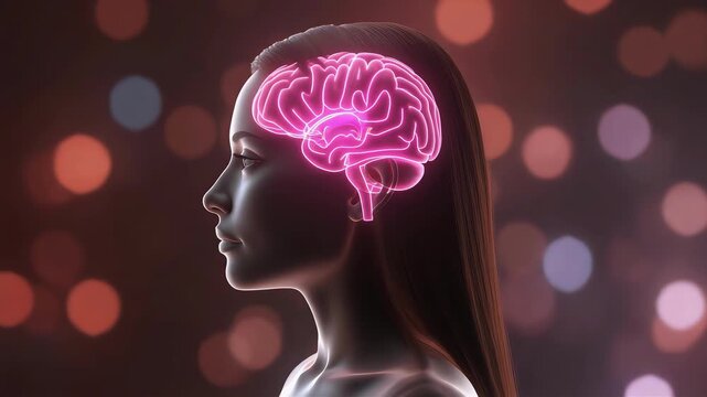 Woman Profile with Glowing Pink Brain Illustration Showing Mental Health and Neuroscience Concept.