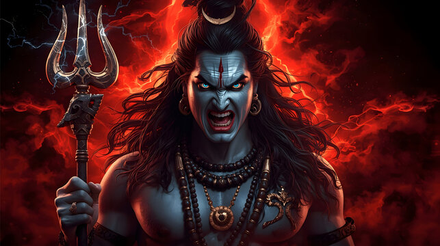 portrait of angry lord shiva holding trishul on red background