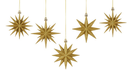 Transparent base, isolated, hanging from a string, sparkling gold-colored Christmas star decorations.