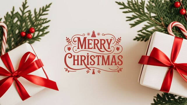 Christmas presents with red bows and candy canes isolated on white background