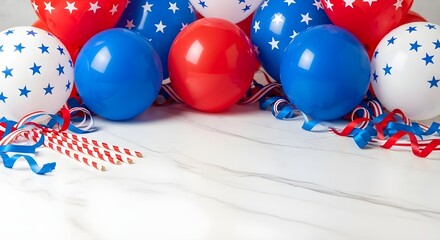 Bright red, white, and blue balloons, festive ribbons, and striped straws on a light background, ideal for patriotic celebrations
