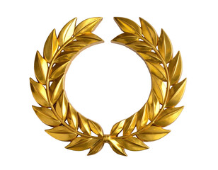 A detailed, gold-colored laurel wreath against a stark black background, symbolizing achievement