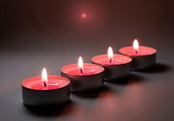 Four lit pink tea light candles in a row