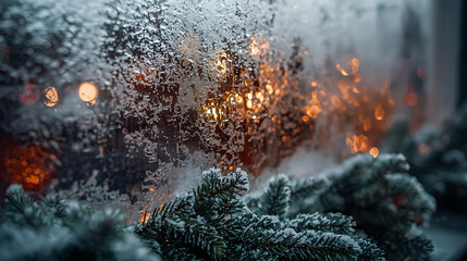Frosted Window with Winter Lights