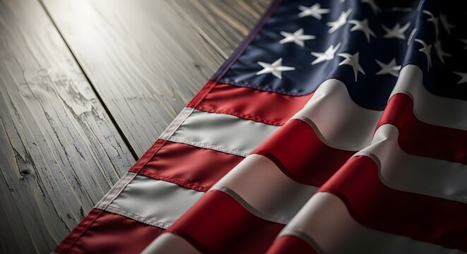 American flag draped on rustic wood, illuminated by soft light, highlighting its stars and stripes, symbolizing patriotism and national pride - Powered by Adobe