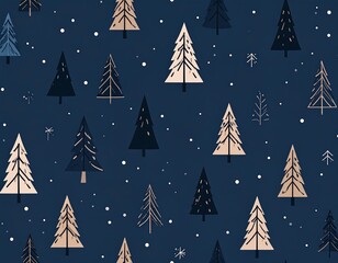 Festive pattern of stylized Christmas trees scattered on a dark blue, snowy, holiday background
