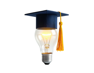 Glowing lightbulb wearing a graduation cap, representing knowledge and enlightenment