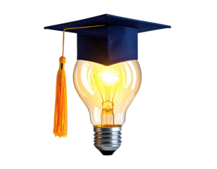 A lightbulb, with a glowing core, wearing a graduation cap on a black background
