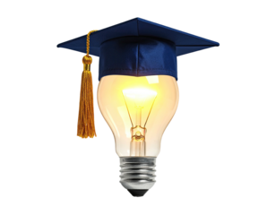 Glowing light bulb wearing a graduation cap, symbolizing education and knowledge