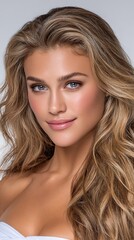 Fototapeta premium A woman with long brown hair and a bright smile. She is wearing a white top and is posing for a photo