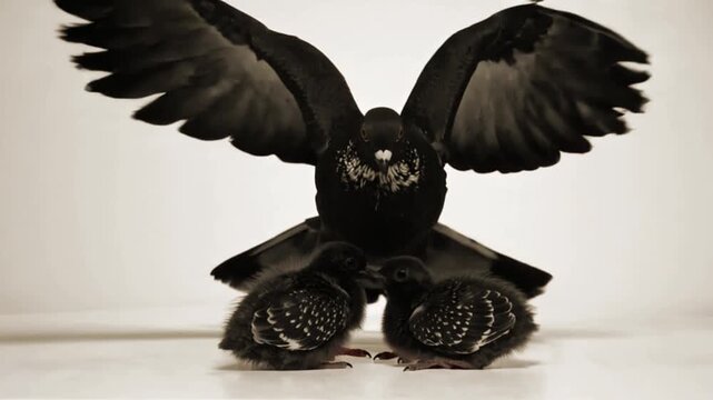 Pigeon together with two chicks