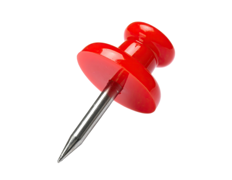 Macro shot of a single shiny, red pushpin with a metal point, isolated on a black background