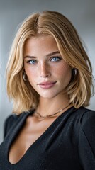 Naklejka premium A woman with blonde hair and blue eyes is wearing a black dress and necklace. She has a pretty smile on her face