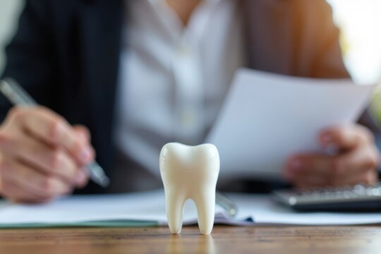 Close-Up of a Tooth with a Small Calculator in Front of a Businessperson Calculating Expenses.