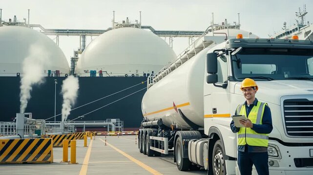 Coordinator overseeing LNG tank operations near transportation trucks
