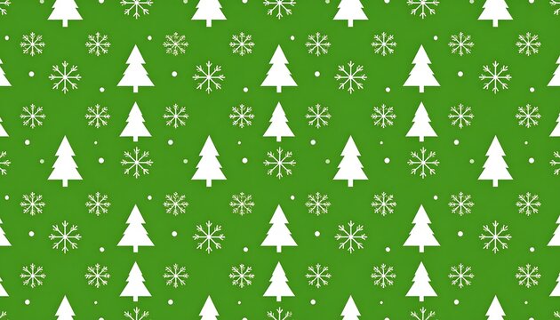 Festive pattern stylized white trees and snowflakes repeated on a green background for holiday cheer and decoration - Powered by Adobe