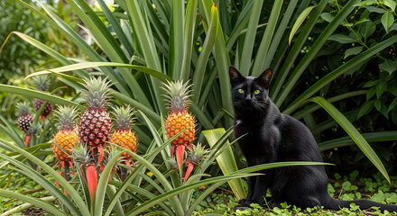 Sleek Black Cat with Green Eyes Sits Next to Colorful, Growing Ornamental Pineapples in a Garden