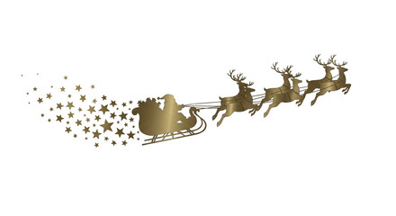 Transparent base, isolated, gold-colored, Santa Claus sleigh and reindeer silhouette leaving star trails. Fast delivery and holiday cheer.