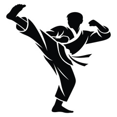 A powerful silhouette of a martial artist performing a high kick, showcasing strength, discipline, and dynamic movement in a combat sport, isolated on