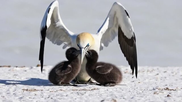 Northern gannet with two chicks