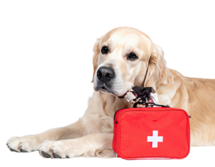 Golden Retriever gazes at camera, gnawing medical supplies next to a red first-aid kit