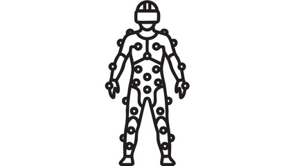 Motion capture suit with markers, a human body outline wearing a suit covered in circular markers for tracking movement, technological innovation