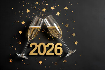 New Year 2026 Celebration with Champagne Toast and Gold Confetti on Black Background