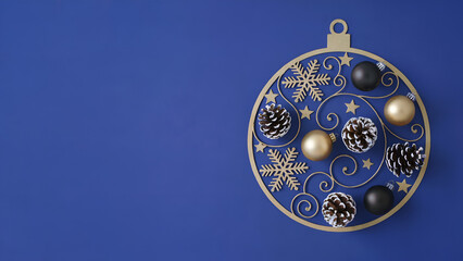 Christmas Ornament Flat Lay with Gold Baubles and Pine Cones on Blue Background