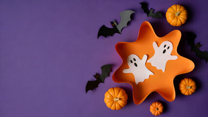 Halloween Flat Lay with Ghost Cutouts, Bats and Mini Pumpkins on Purple Background
