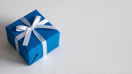 Minimalist Blue Gift Box with White Ribbon on Clean White Background