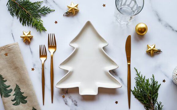 Christmas Table Setting with Tree-Shaped Plate, Gold Cutlery and Festive Decor on Marble Background