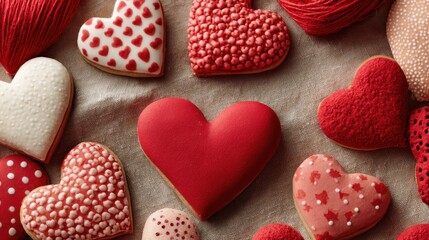 A collection of heart-shaped cookies with red icing and white icing. The cookies are arranged in a pattern, with some of them overlapping each other. Scene is warm and inviting