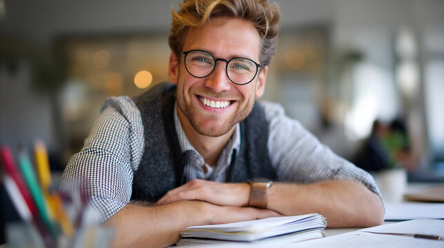 Accountant celebrating CPA license arrival, tidy desk with ledger and seal, accomplished smile, with copy space