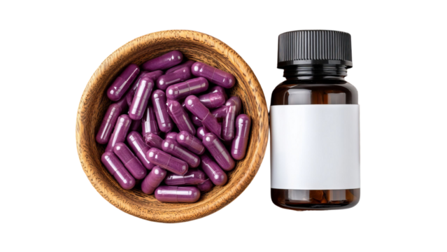 PNG of A wooden bowl filled with purple capsules next to a bottle on a white background, representing health and wellness.